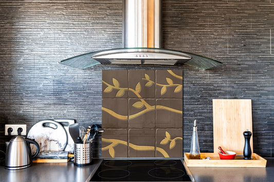 Printed Tempered glass wall art – Glass kitchen backsplash NBS05 Textures and tiles 1 Series: Golden branches on a brown background