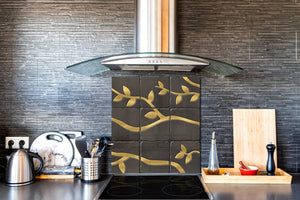 Printed Tempered glass wall art – Glass kitchen backsplash NBS05 Textures and tiles 1 Series: Golden branches on a dark background