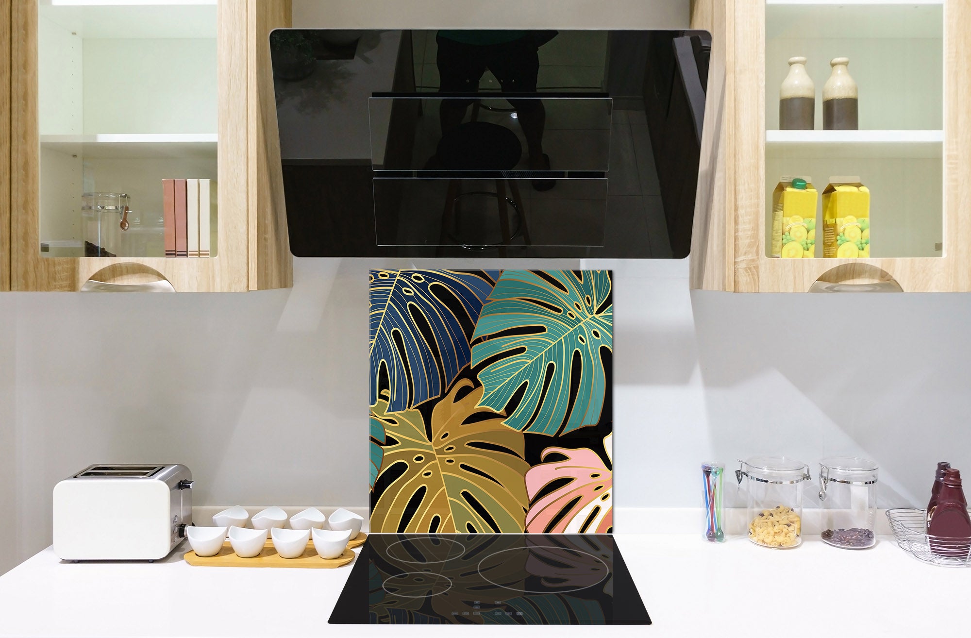 Toughened glass backsplash – Art glass design printed glass splashback NBS11 Tropical Leaves Series: Vector art