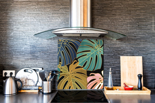 Toughened glass backsplash – Art glass design printed glass splashback NBS11 Tropical Leaves Series: Vector art