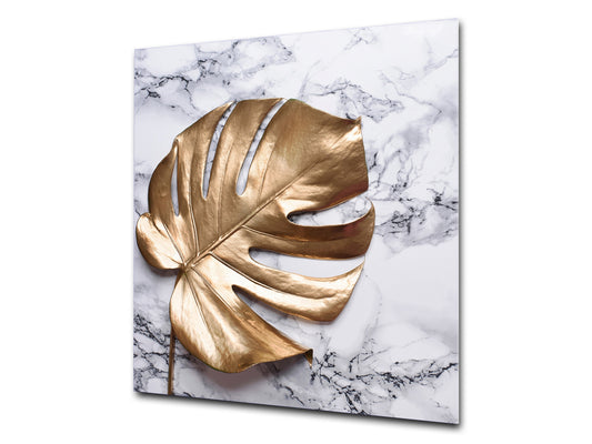 Toughened glass backsplash – Art glass design printed glass splashback NBS11 Tropical Leaves Series: Golden leaf on marble