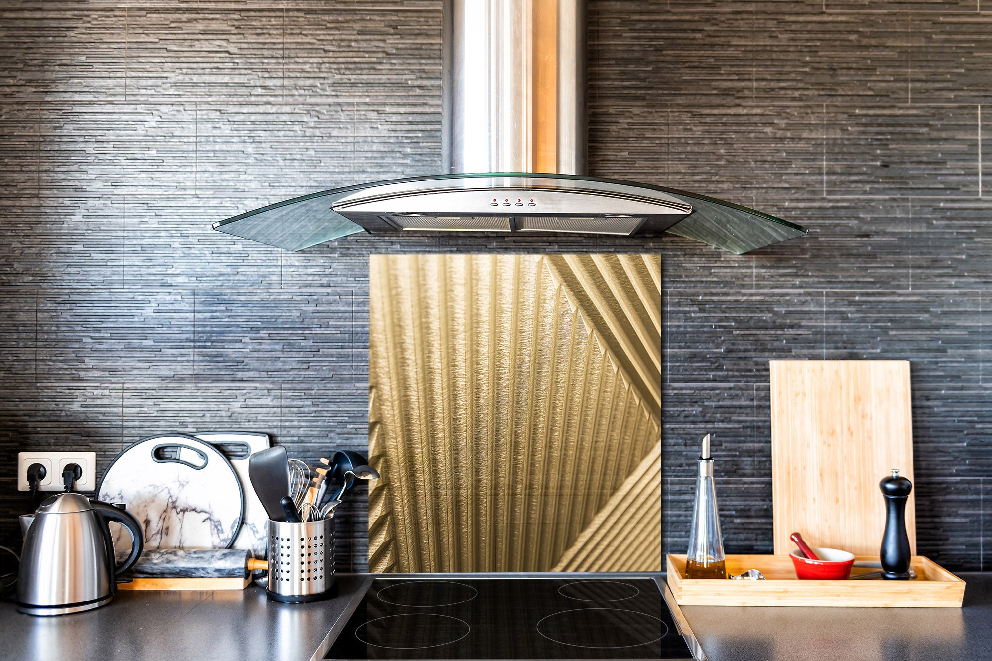 Stylish Tempered glass backsplash – Glass kitchen splashback – Glass upstand NBS08 Golden Waves Series: Golden art deco