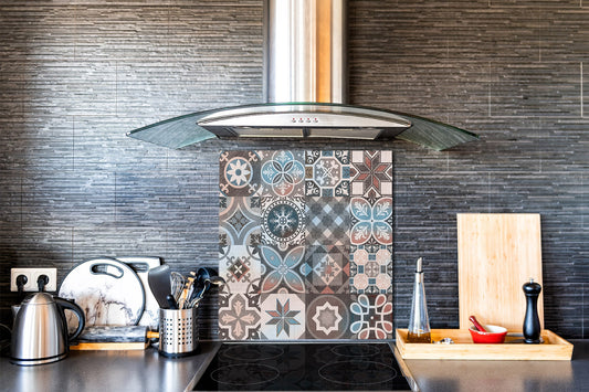 Stunning printed Glass backsplash – Tempered glass kitchen wall panel NBS07 Vintage leaves and patterns Series: Spanish mosaic tiles