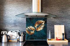 Toughened glass backsplash – Art glass design printed glass splashback NBS11 Tropical Leaves Series: Shining luxury leaves