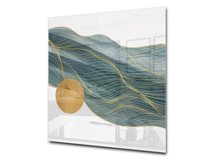 Stunning printed Glass backsplash – Tempered glass kitchen wall panel NBS07 Vintage leaves and patterns Series: Gold abstract lines
