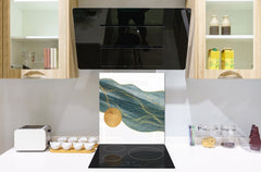 Stunning printed Glass backsplash – Tempered glass kitchen wall panel NBS07 Vintage leaves and patterns Series: Gold abstract lines