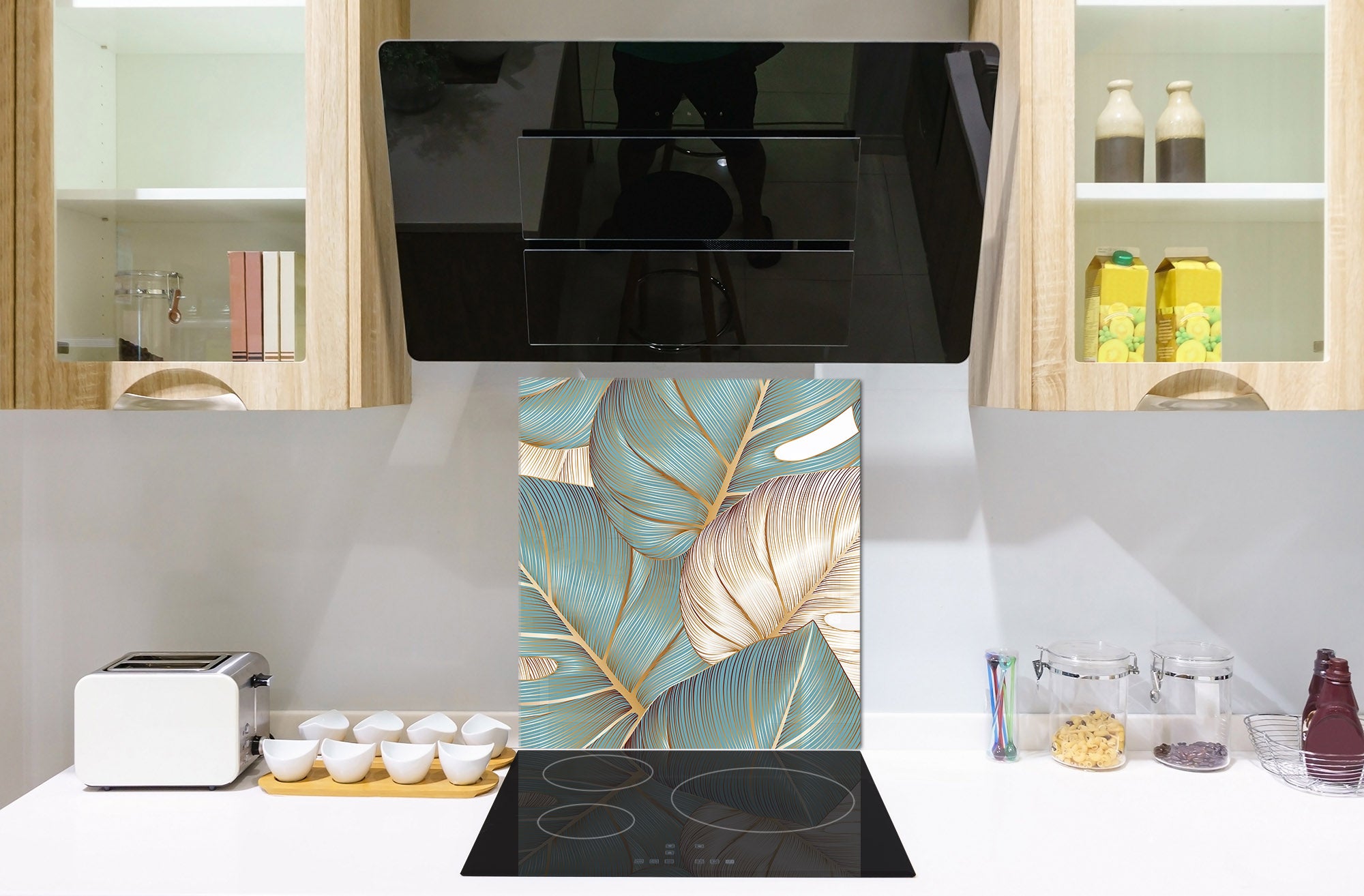 Toughened glass backsplash – Art glass design printed glass splashback NBS11 Tropical Leaves Series: Romantic monstera pattern