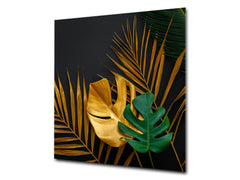Toughened glass backsplash – Art glass design printed glass splashback NBS11 Tropical Leaves Series: Painted gold leaves