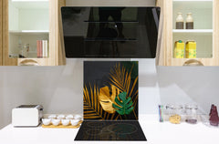 Toughened glass backsplash – Art glass design printed glass splashback NBS11 Tropical Leaves Series: Painted gold leaves