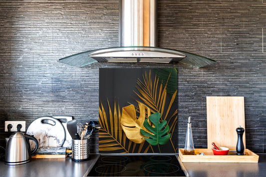 Toughened glass backsplash – Art glass design printed glass splashback NBS11 Tropical Leaves Series: Painted gold leaves