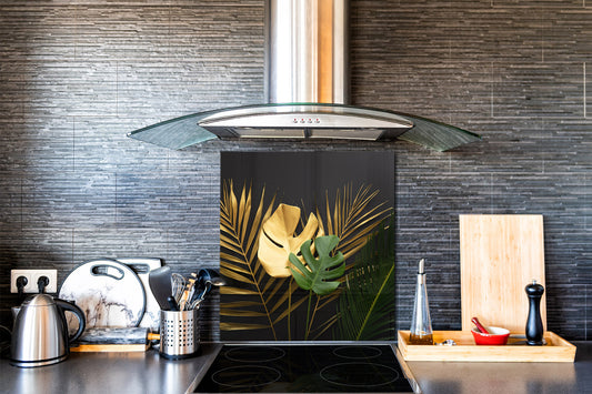 Toughened glass backsplash – Art glass design printed glass splashback NBS11 Tropical Leaves Series: Leave texture on black background