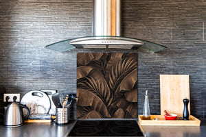 Toughened glass backsplash – Art glass design printed glass splashback NBS11 Tropical Leaves Series: Bronze banana leaves