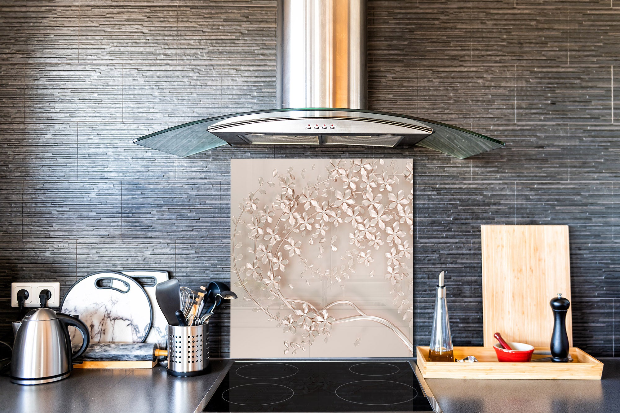 Unique Glass kitchen panel – Tempered Glass backsplash – Art design Glass Upstand NBS09 Colourful Variety Series: Beige decorative tree