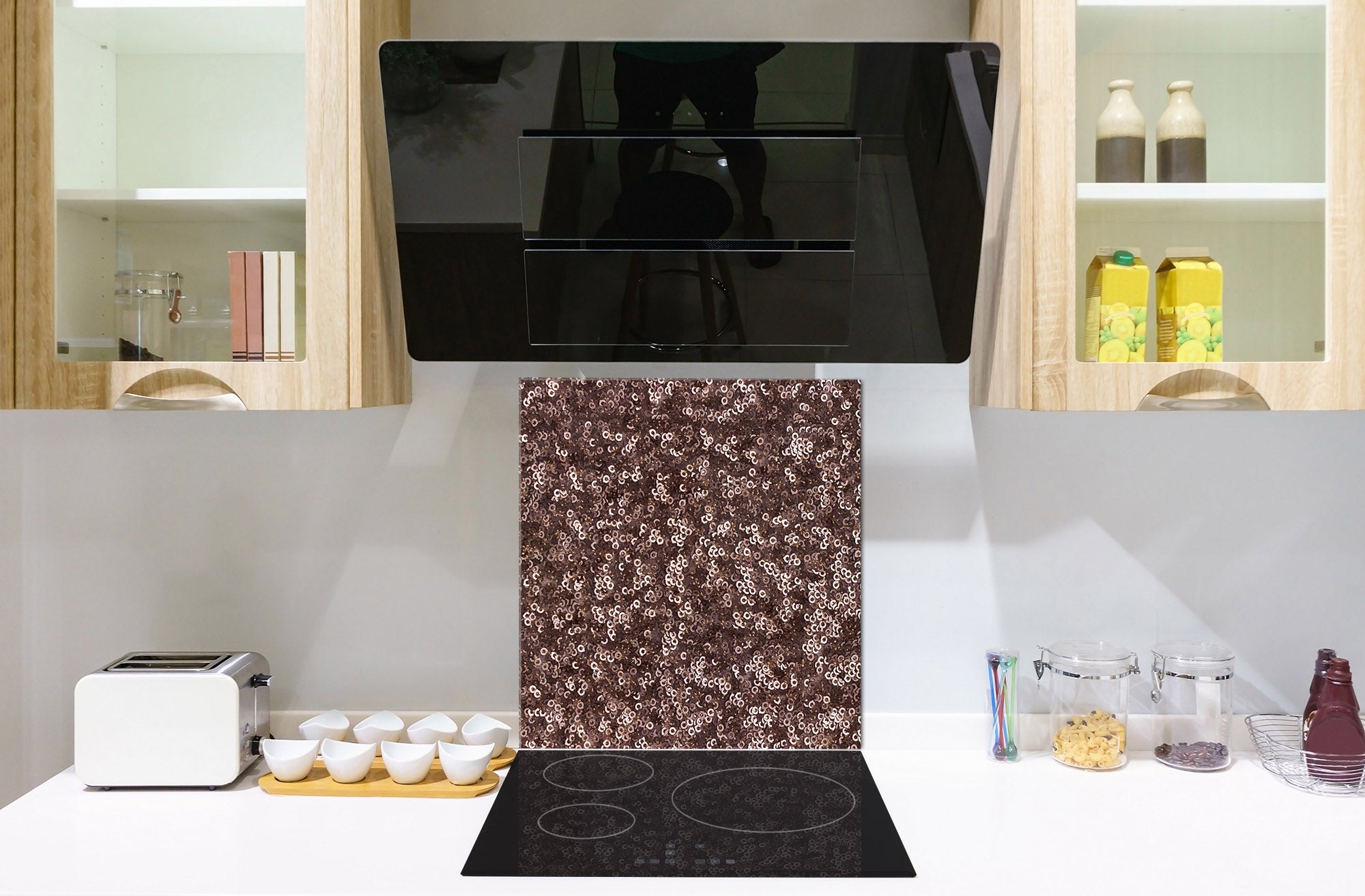 Unique Glass kitchen panel – Tempered Glass backsplash – Art design Glass Upstand NBS09 Colourful Variety Series: Gold brown sequins