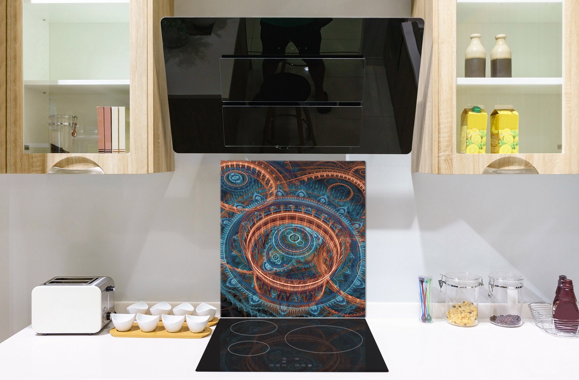 Printed tempered glass backsplash – Glass kitchen splashback NBS13 Abstract Graphics Series: Fiery wheels