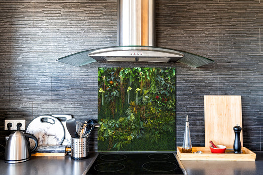 Stunning printed Glass backsplash – Tempered glass kitchen wall panel NBS07 Vintage leaves and patterns Series: Rich green fern