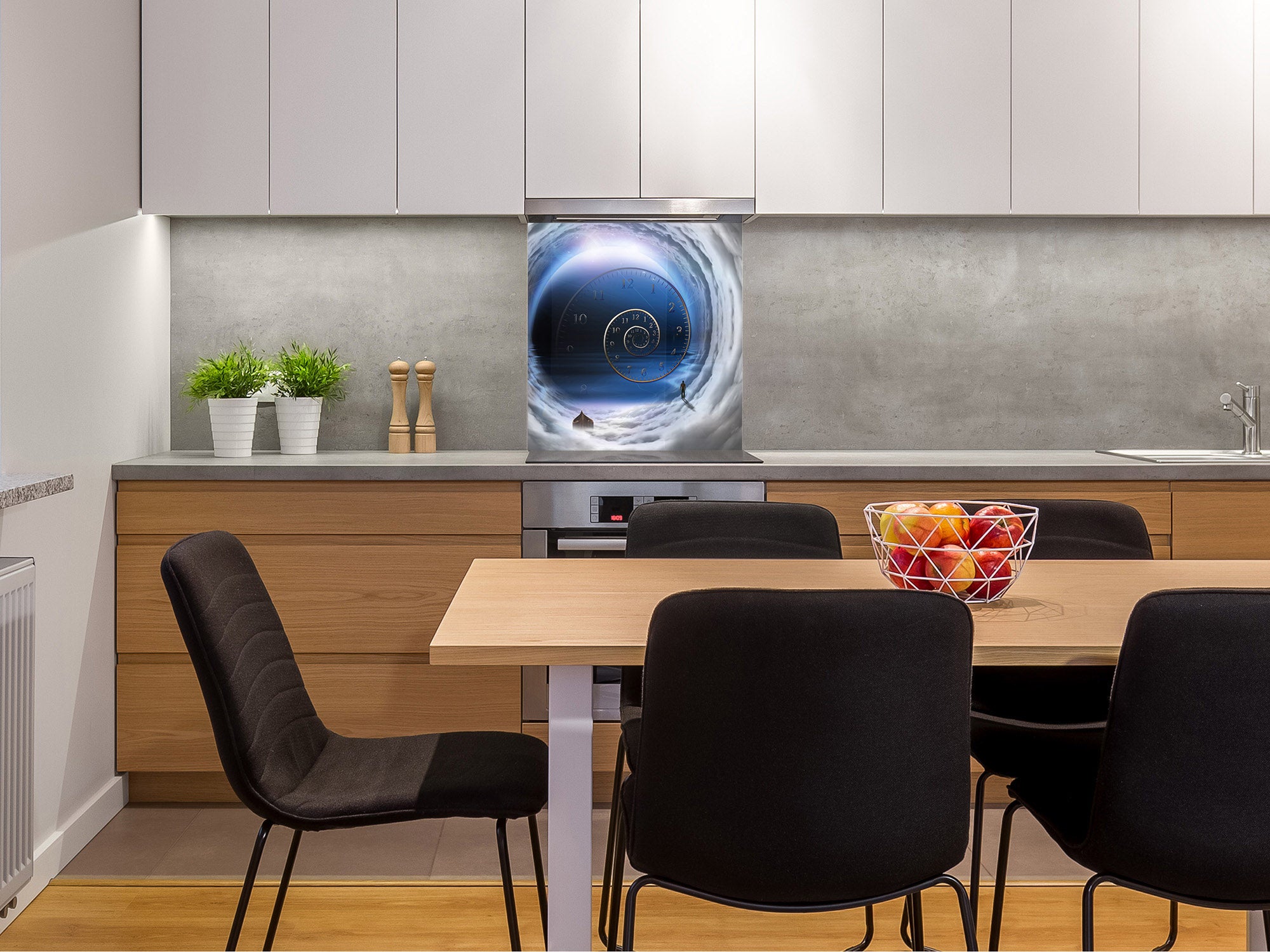 Printed tempered glass backsplash – Glass kitchen splashback NBS13 Abstract Graphics Series: Space and time