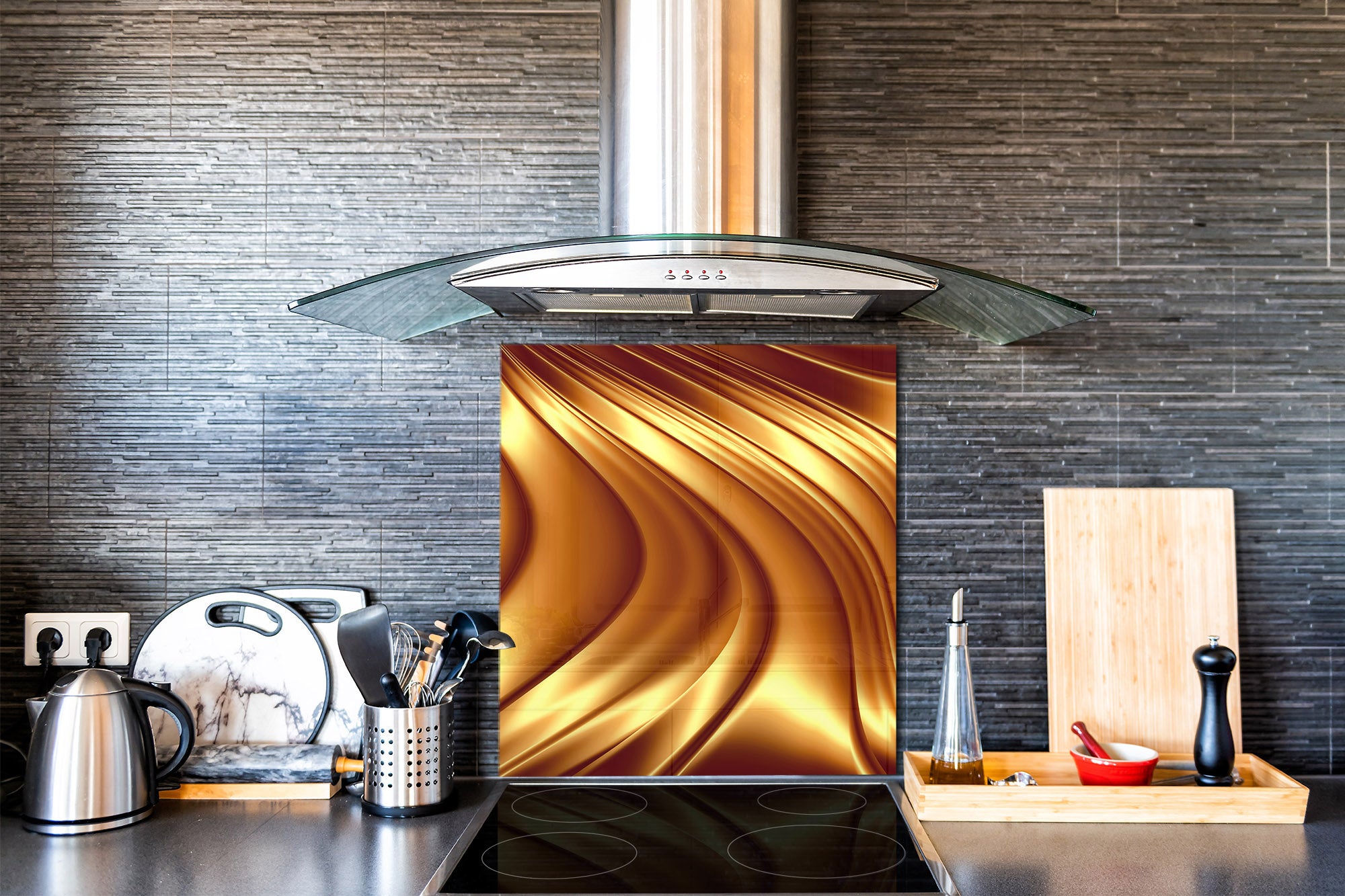 Stylish Tempered glass backsplash – Glass kitchen splashback – Glass upstand NBS08 Golden Waves Series: Liquid gold 2