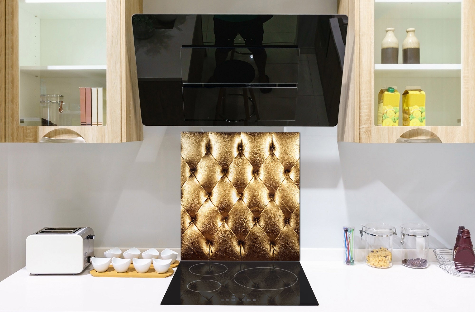 Glass kitchen backsplash – Tempered Glass splashback – Photo backsplash NBS10 Decorative Surfaces Series: Golden leather upholstery 2