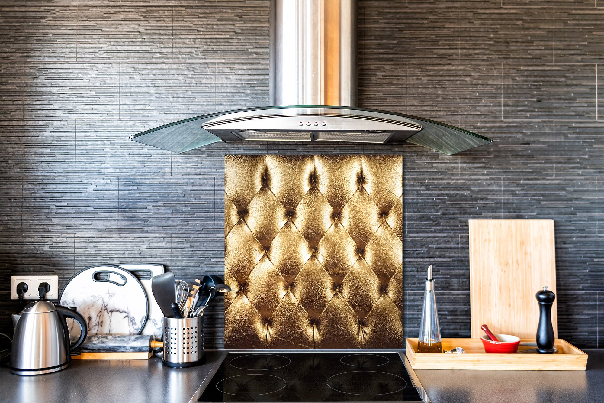 Glass kitchen backsplash – Tempered Glass splashback – Photo backsplash NBS10 Decorative Surfaces Series: Golden leather upholstery 2