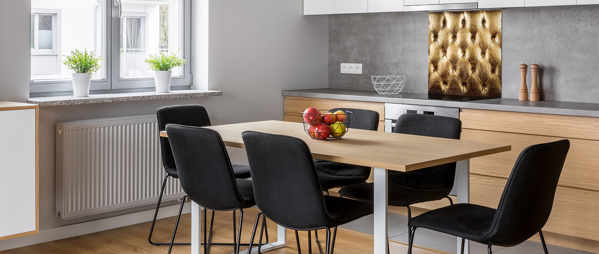 Glass kitchen backsplash – Tempered Glass splashback – Photo backsplash NBS10 Decorative Surfaces Series: Golden leather upholstery 2