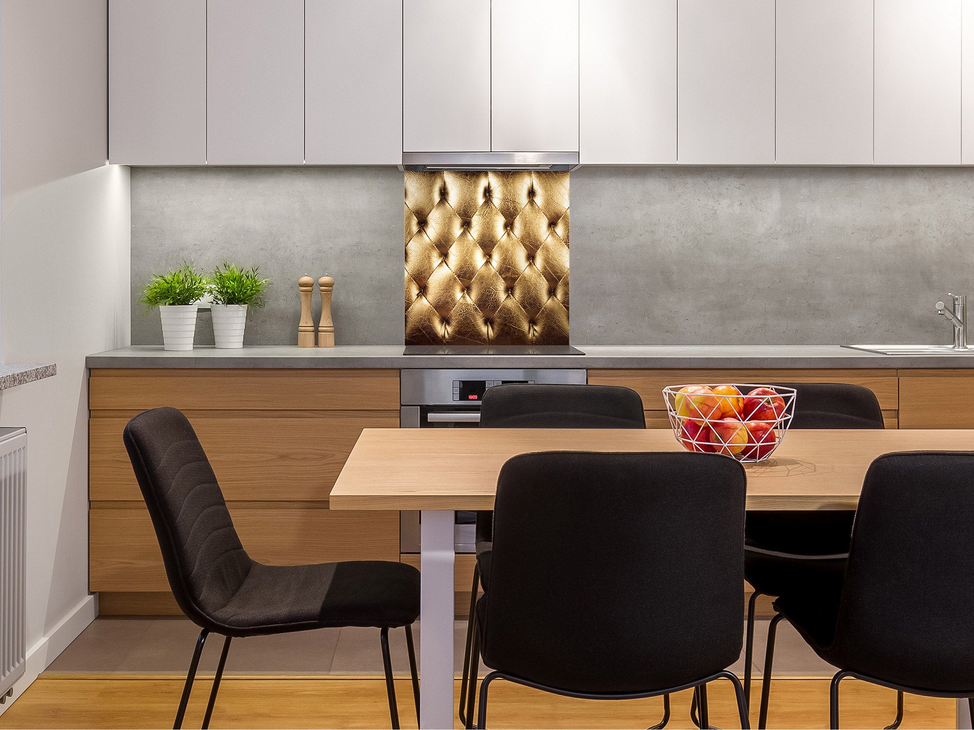 Glass kitchen backsplash – Tempered Glass splashback – Photo backsplash NBS10 Decorative Surfaces Series: Golden leather upholstery 2