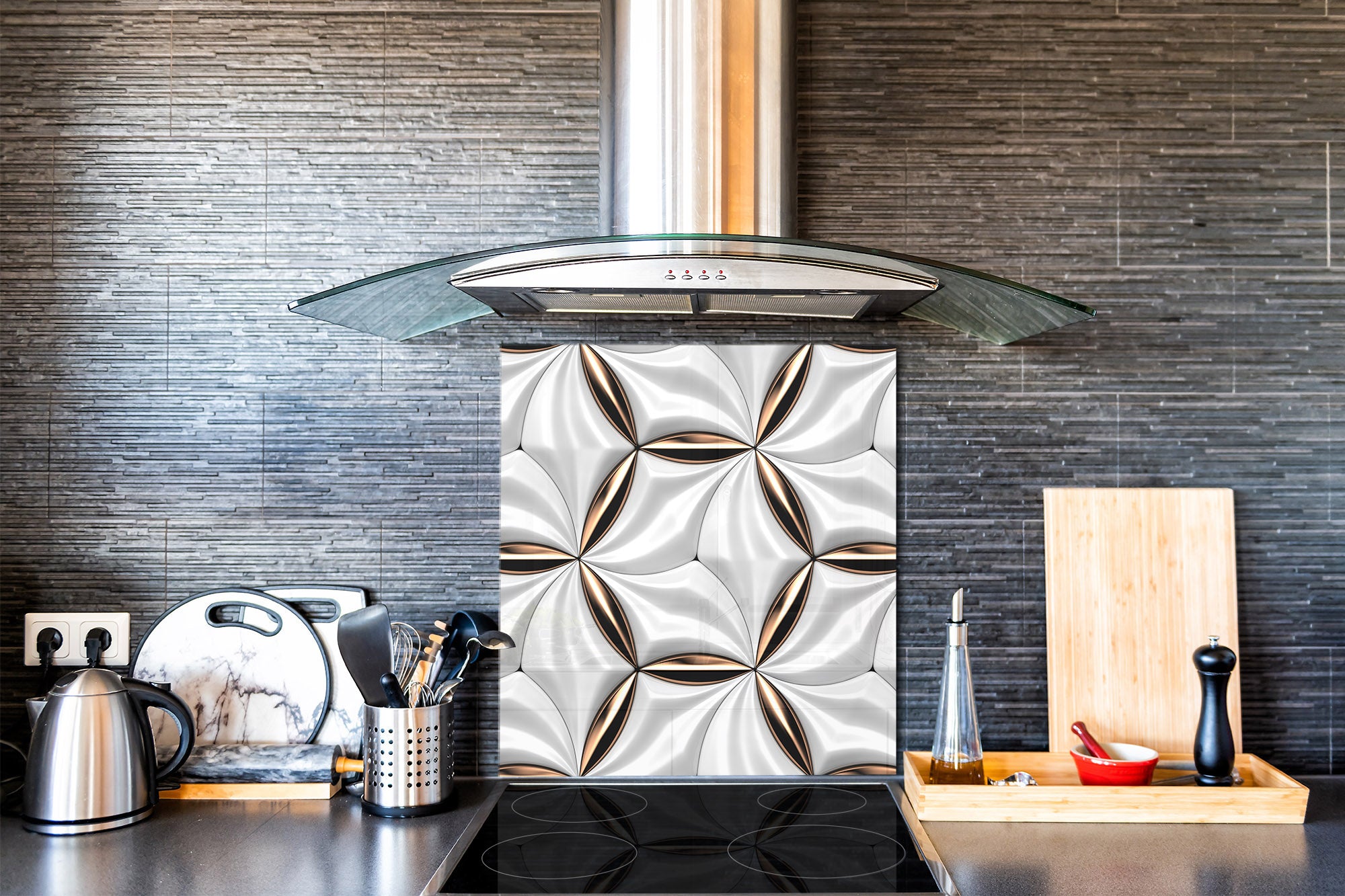 Glass kitchen backsplash – Tempered Glass splashback – Photo backsplash NBS10 Decorative Surfaces Series: Golden-white tiles