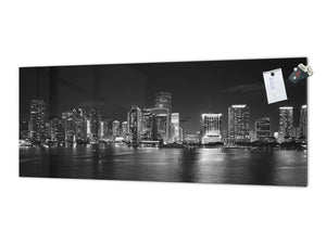 Wide-format glass kitchen panel with and w/o stainless steel metal back-coating: Miami skyscrapers at the night
