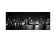 Wide-format glass kitchen panel with and w/o stainless steel metal back-coating: Miami skyscrapers at the night