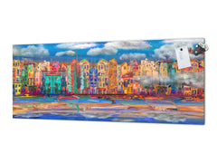 Wide-format glass kitchen panel with and w/o stainless steel metal back-coating: Town near the sea