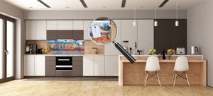 Wide-format glass kitchen panel with and w/o stainless steel metal back-coating: Town near the sea