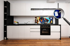 Wide-format glass kitchen panel with and w/o stainless steel metal back-coating: Stained human profiles