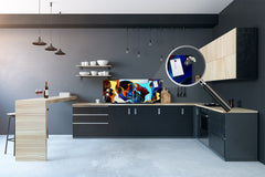 Wide-format glass kitchen panel with and w/o stainless steel metal back-coating: Stained human profiles