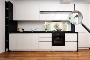 Wide-format glass kitchen panel with and w/o stainless steel metal back-coating: Mixed circles pop art