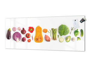 Wide-format glass kitchen panel with and w/o stainless steel metal back-coating: Creative veggie set