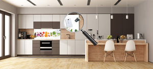 Wide-format glass kitchen panel with and w/o stainless steel metal back-coating: Creative veggie set