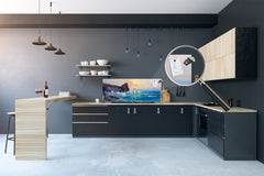 Wide-format glass kitchen panel with and w/o stainless steel metal back-coating: Canvas with the ses