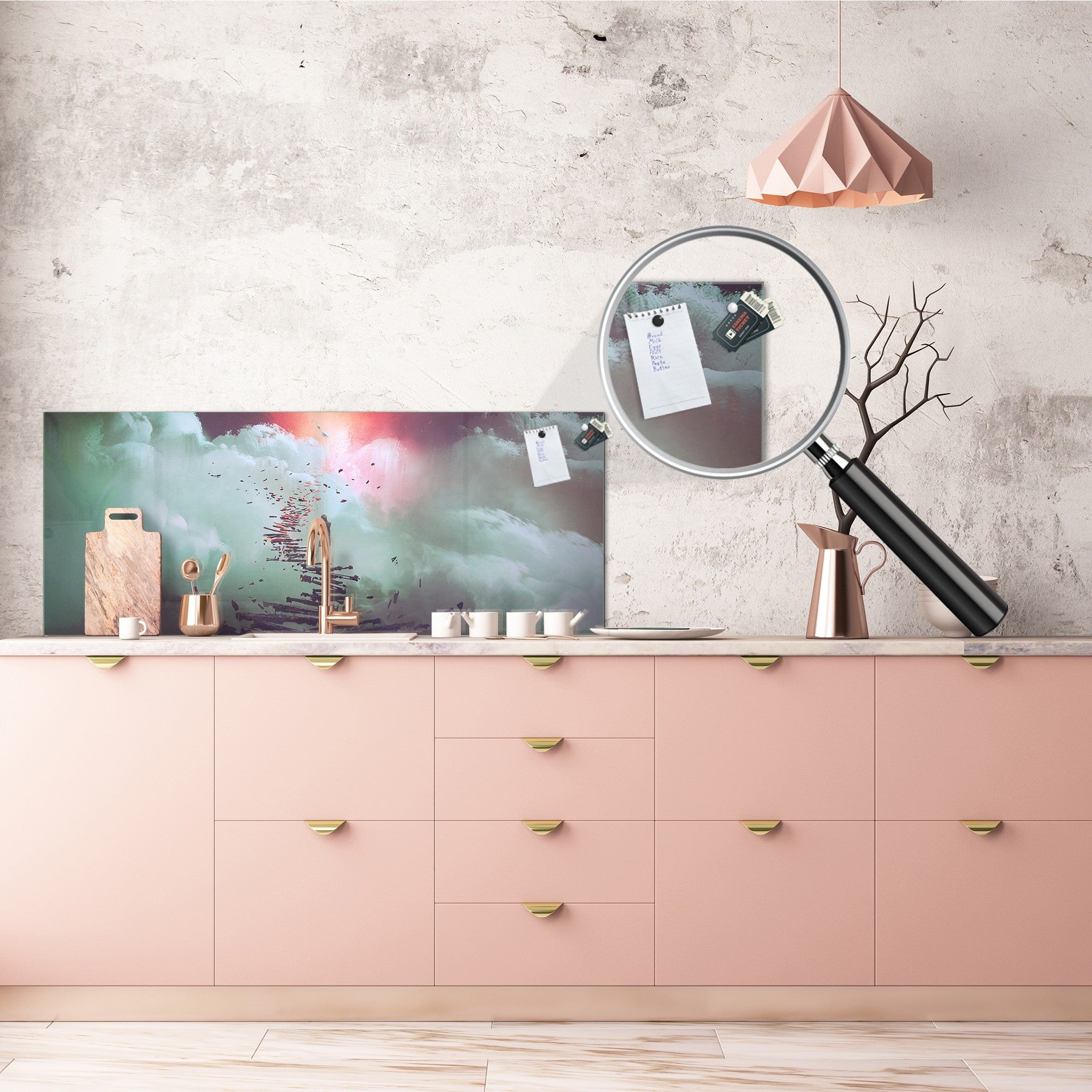 Glass kitchen panel with and w/o stainless steel back-coating: Stairway to heaven