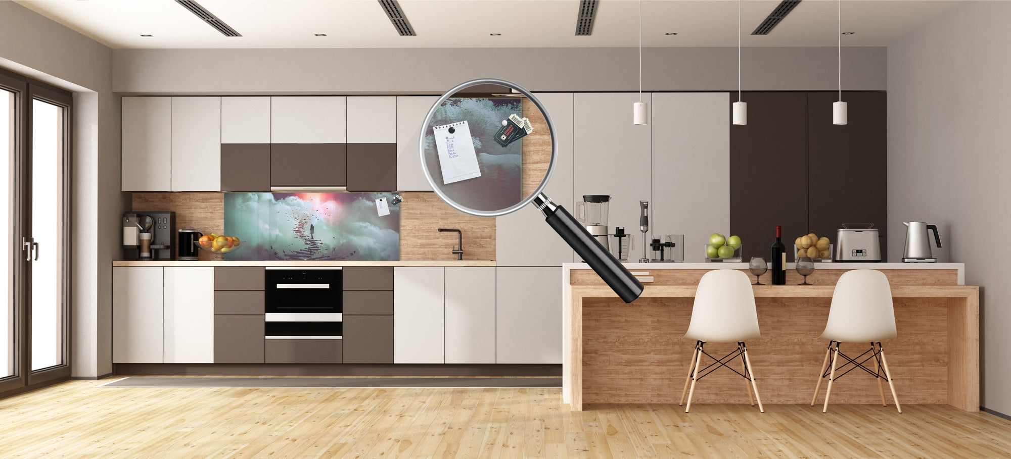 Glass kitchen panel with and w/o stainless steel back-coating: Stairway to heaven