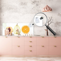 Glass kitchen panel with and w/o stainless steel back-coating: Half fruits