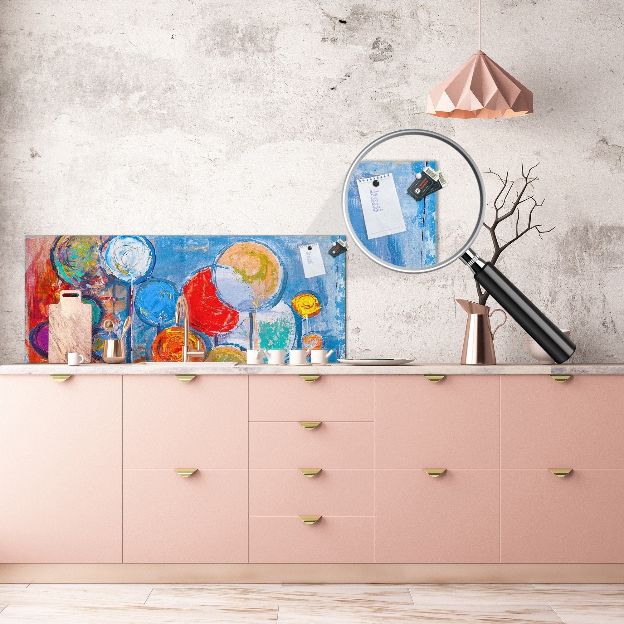 Glass kitchen panel with and w/o stainless steel back-coating: Round trees