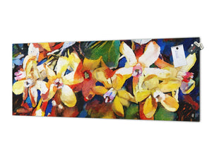 Glass backsplash w/ and w/o metal sheet backing with magnetic properties: Kandinsky flowers and buds