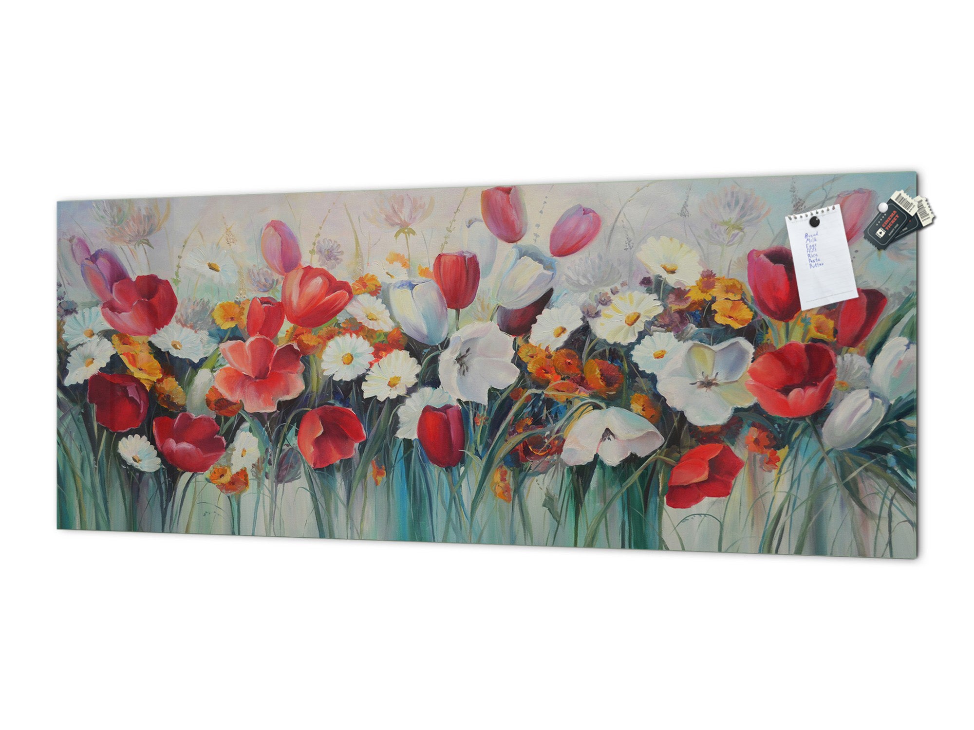 Glass backsplash w/ and w/o metal sheet backing with magnetic properties: Oil on canvas flowers