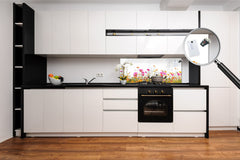 Glass backsplash w/ and w/o metal sheet backing with magnetic properties: Spring flower bed