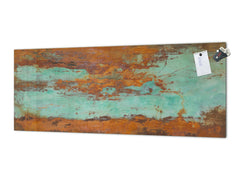 Glass backsplash w/ and w/o metal sheet backing with magnetic properties: Oxidated copper