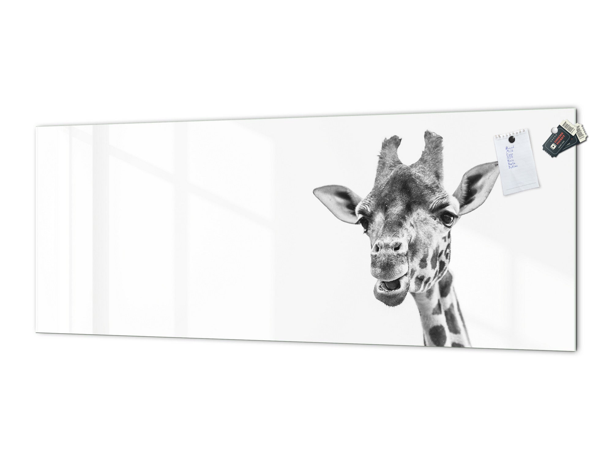 Glass backsplash w/ and w/o metal sheet backing with magnetic properties: black and white  giraffe
