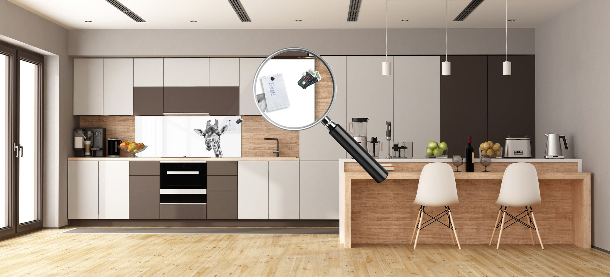 Glass backsplash w/ and w/o metal sheet backing with magnetic properties: black and white  giraffe