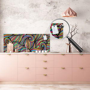 Large format horizontal backsplash - magnetic and non magnetic tempered glass:  Wavy curled pattern
