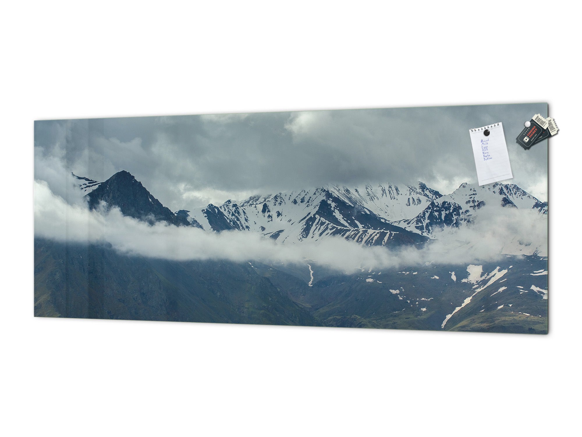 Large format horizontal backsplash - magnetic and non magnetic tempered glass:  Rain clouds among the  peaks