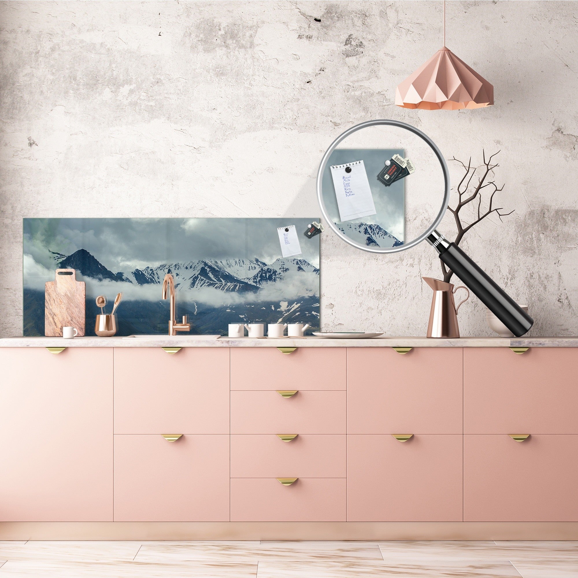 Large format horizontal backsplash - magnetic and non magnetic tempered glass:  Rain clouds among the  peaks